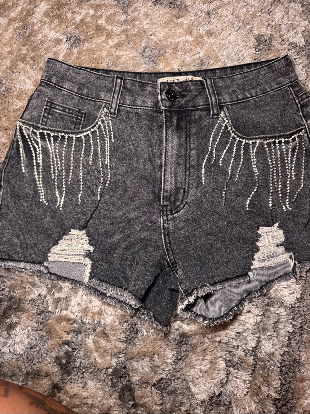 Black Rhinestone Fringe Distressed Denim Shorts